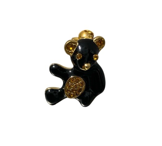 Vintage ROMAN Teddy Bear Pin Black Enamel With Amber Rhinestones Signed