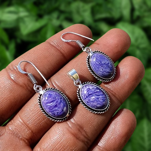 Trendy Charoite Gemstone Pendant Earring Set 925 Silver Plated Jewelry Set-2