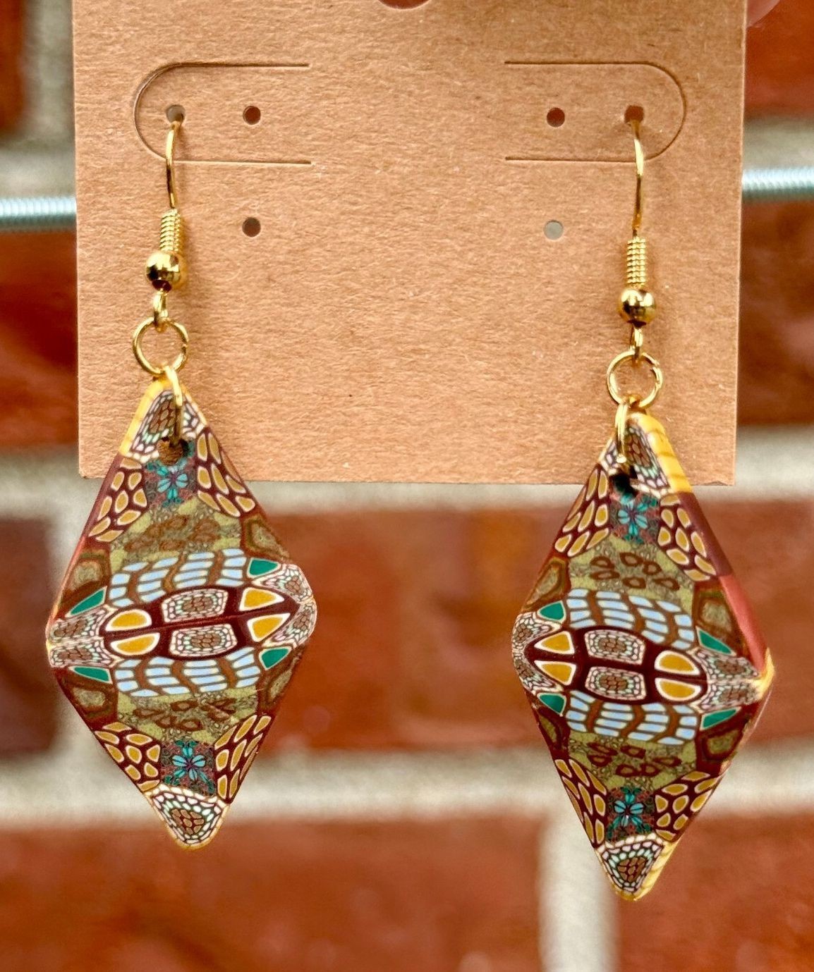 Handmade Polymer Clay Earrings Brown with Funky Designs of Blue and Purple