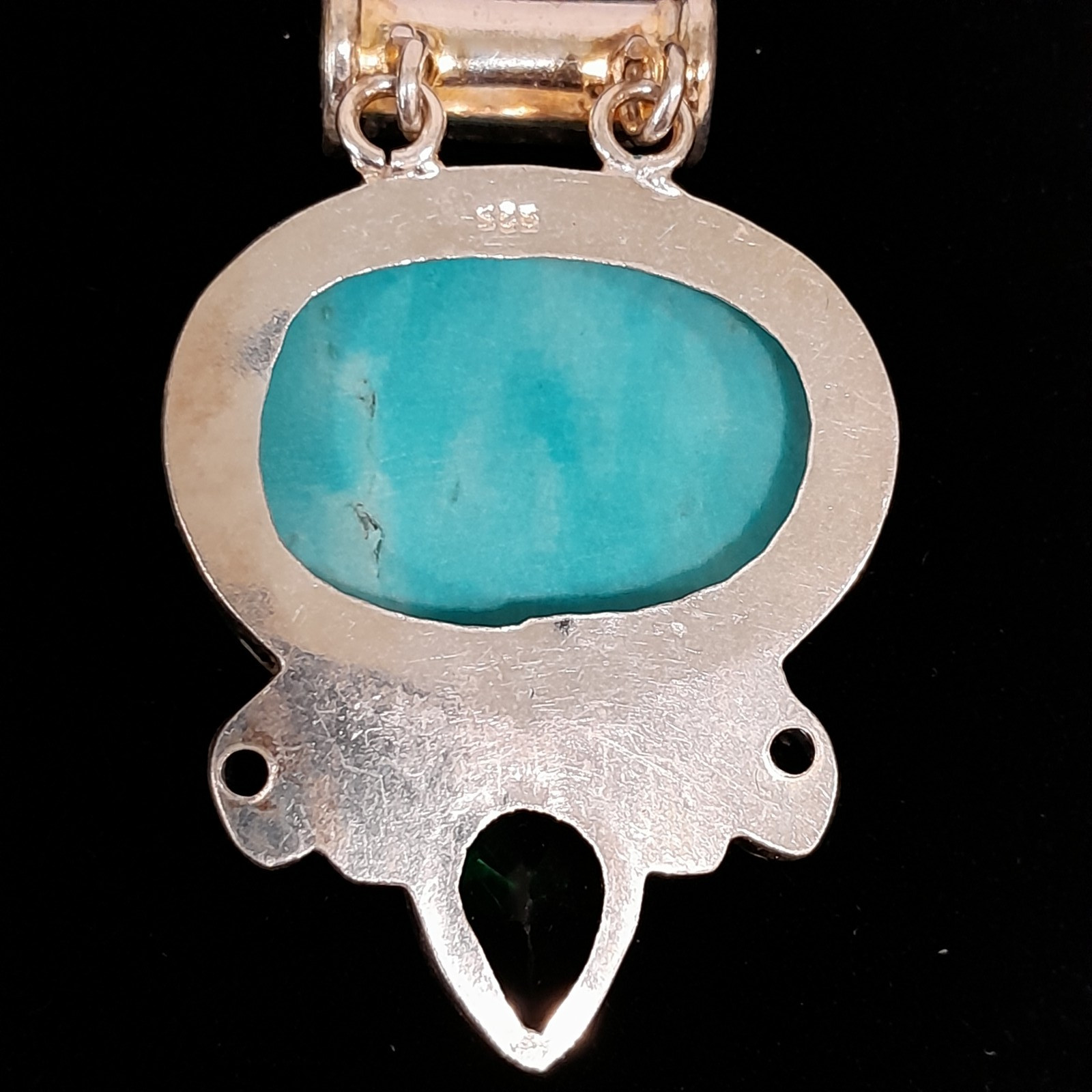 925 Sterling Silver Blue Green Cabochon Pendant Cylindrical Bail 2 inch