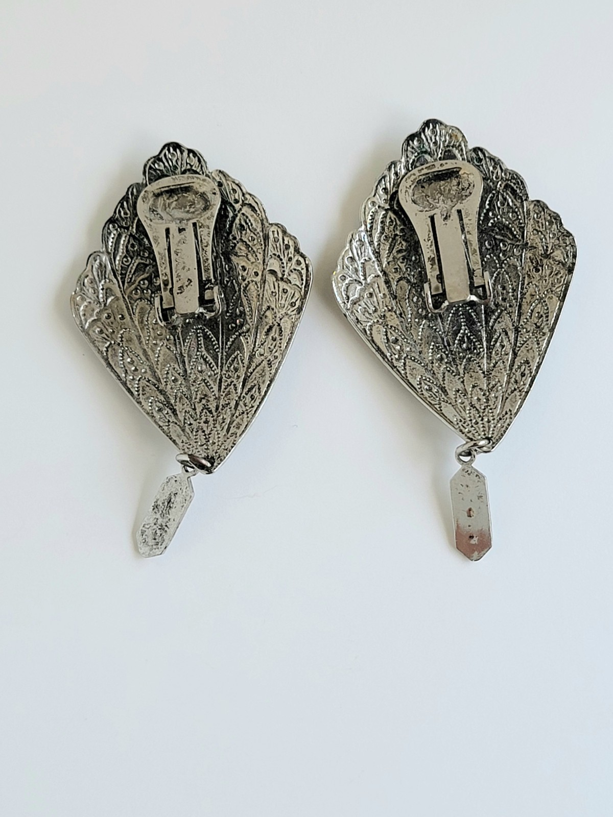 Art Deco Bohemian Fan Earrings Green Enamel Dangle Clip Ons
