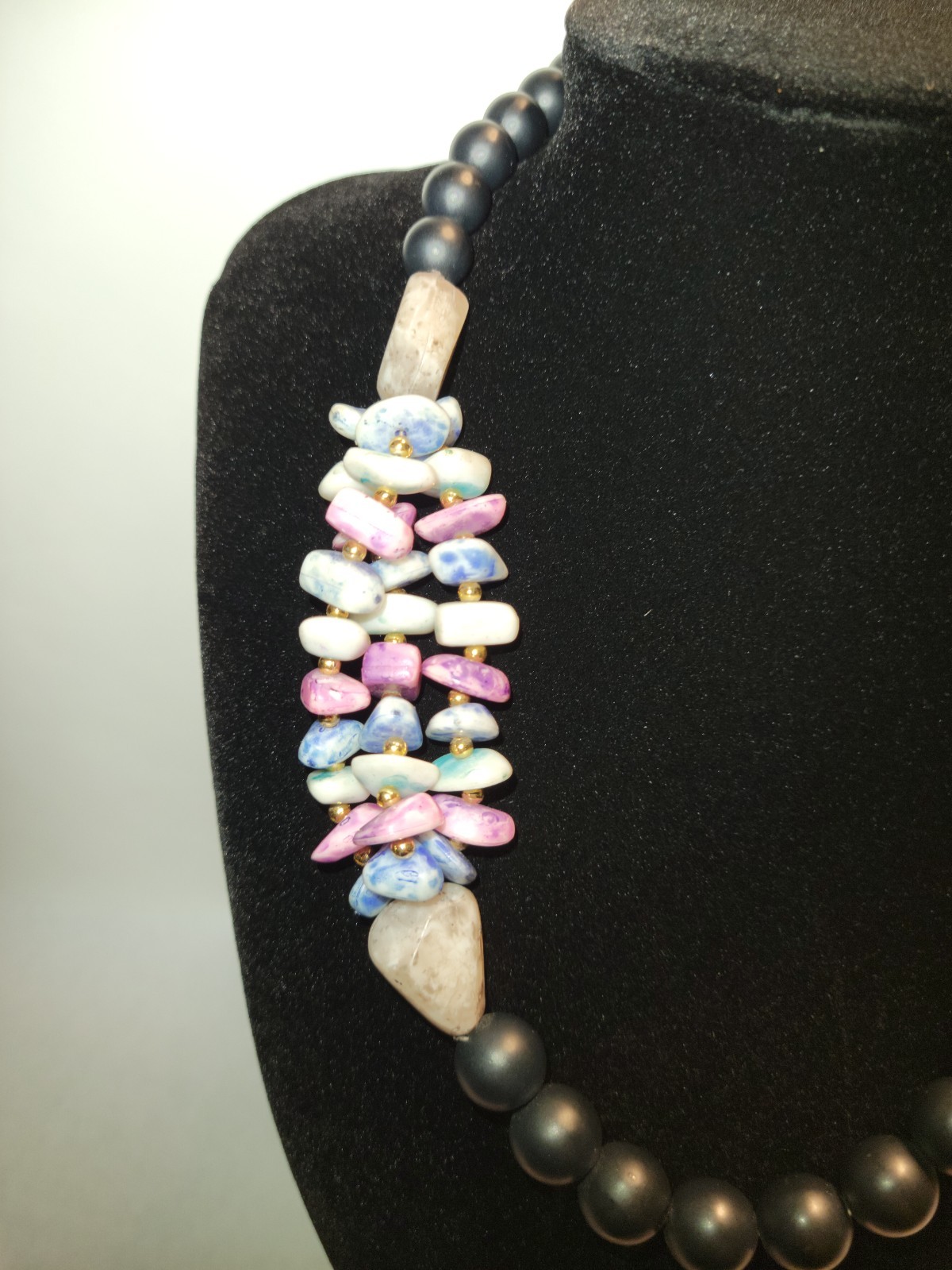 Handmade Beaded Statement Necklace with Multi-Color Stone Accents & Dark Beads