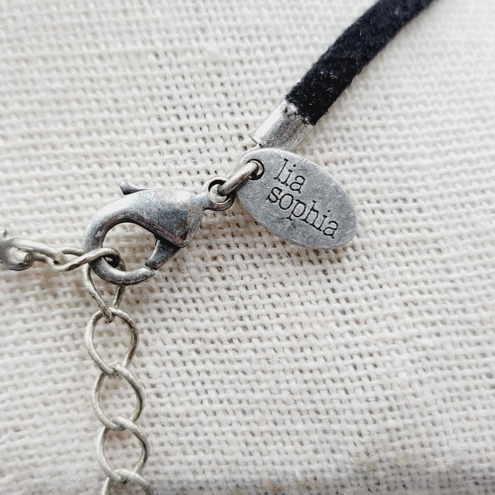 Lia Sophia Pendant Necklace Silver tone Crystal Suede Leather Cord 16″-19″