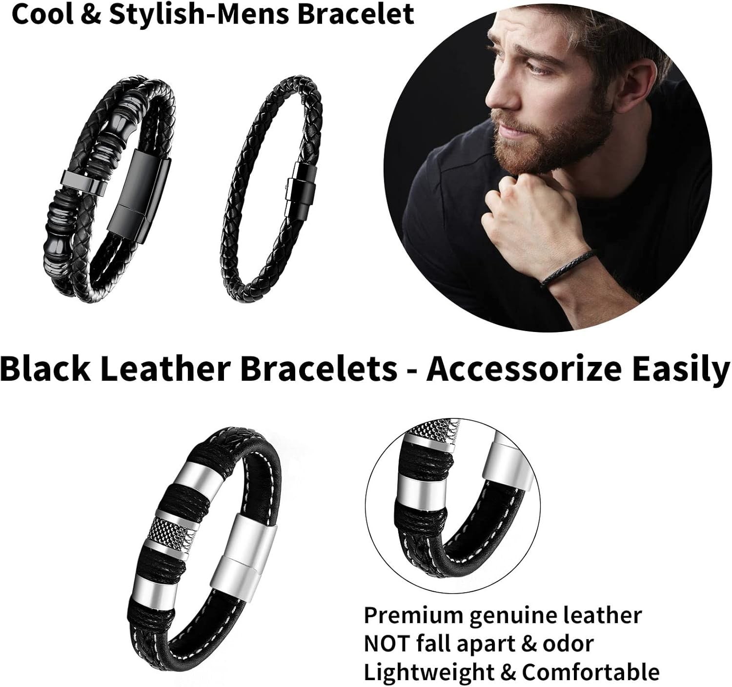 Adjustable Leather and Stainless Steel Bracelets