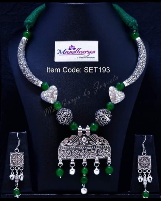 Oxidised Jewellery Silver Colour Choker Pipe Necklace with Earrings