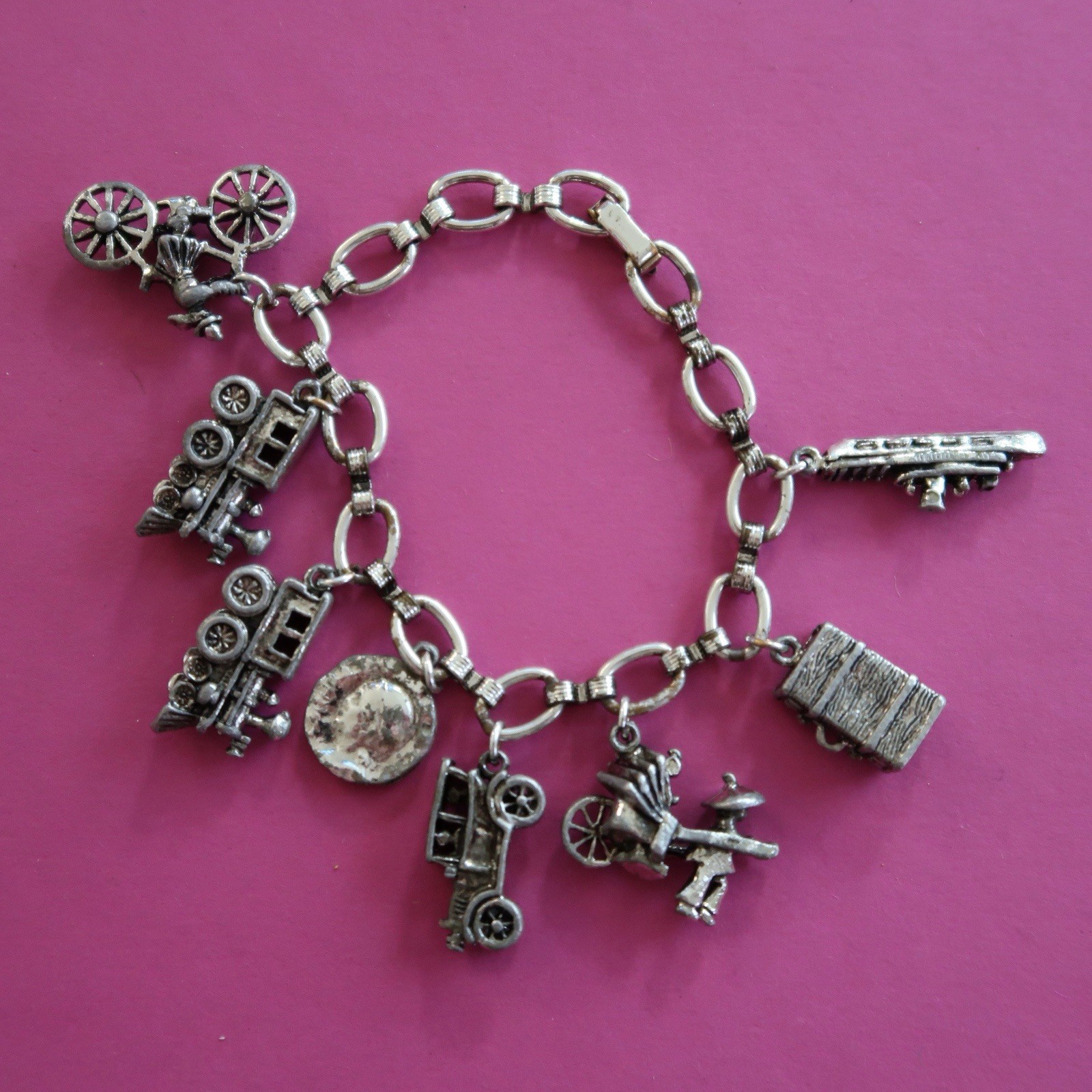 Vtg Silver Tone Transportation Charm Bracelet- Trains Boats Buggy Bicycle Travel