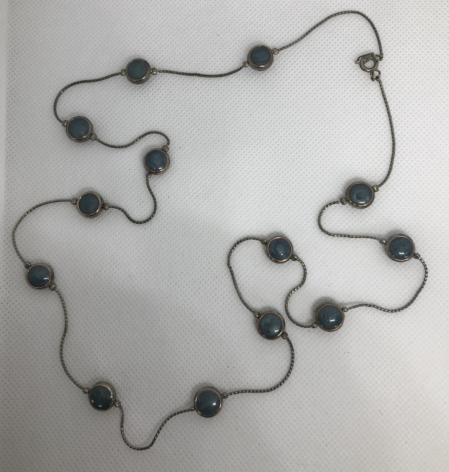 Silvertone and Blue Circle 30″ Clasp Necklace Strand String