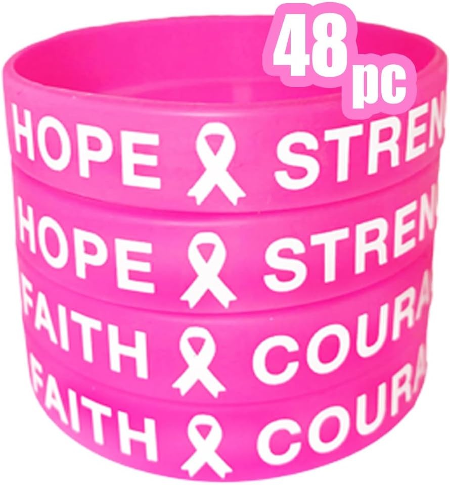 48 Pcs Breast Cancer Awareness Pink Ribbon Bracelets Rubber Wristbands Strength