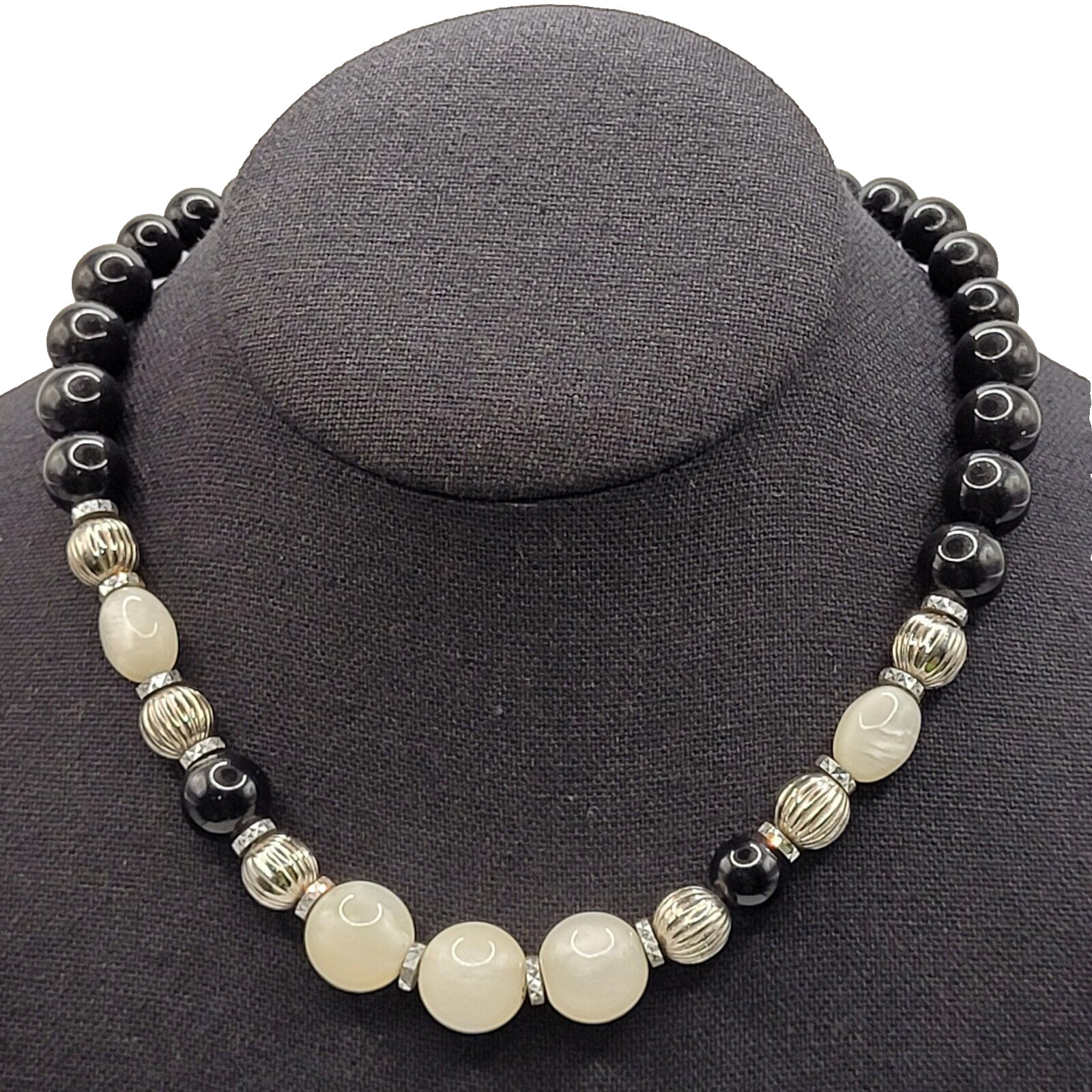 1928 Graduated Black and White Lucite Glow Beaded Necklace Silver Tone Unmarked