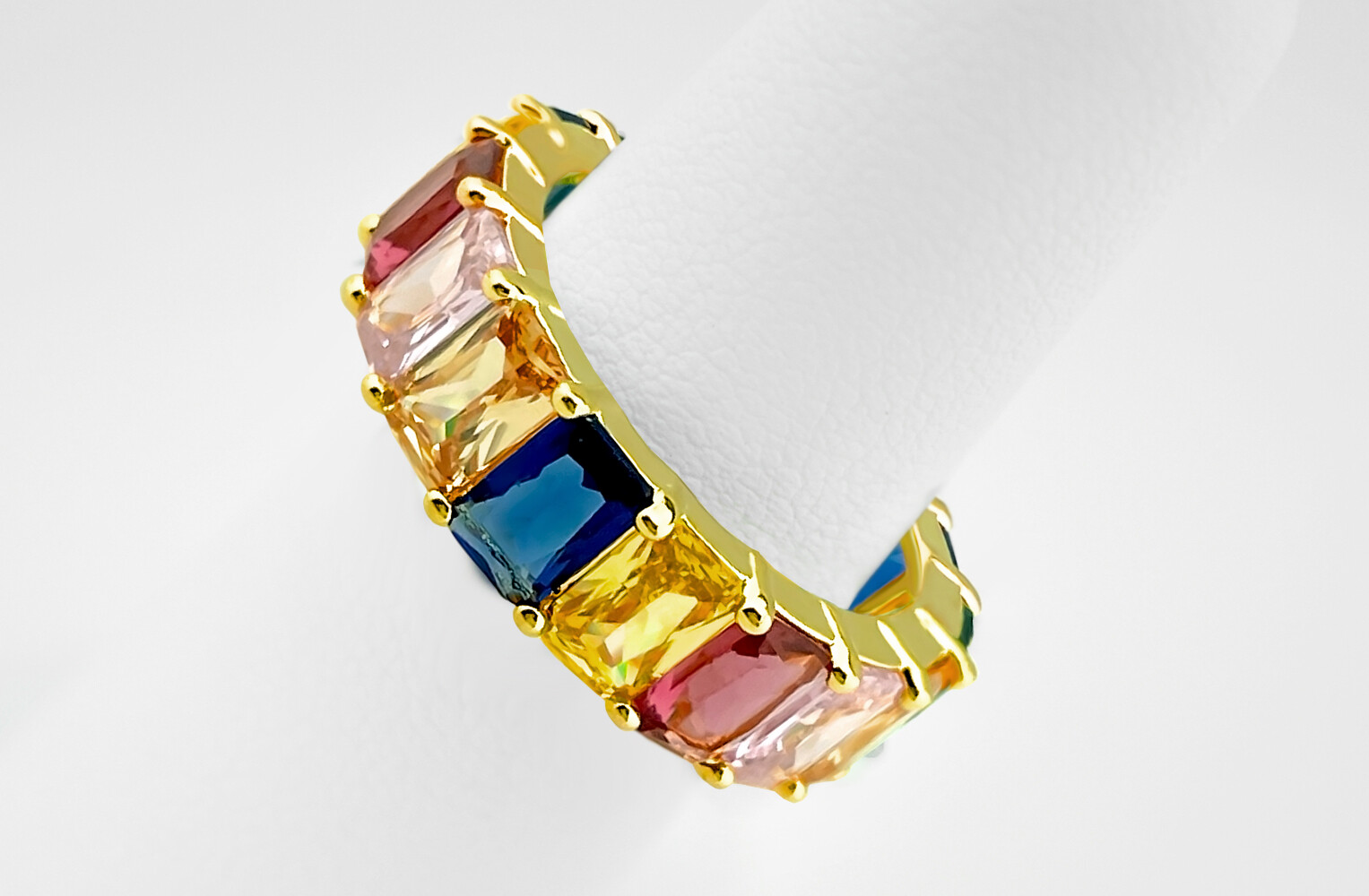 Gold Plated Rainbow Emerald Cut Cubic Zirconia Eternity Band Ring for Woman Girl