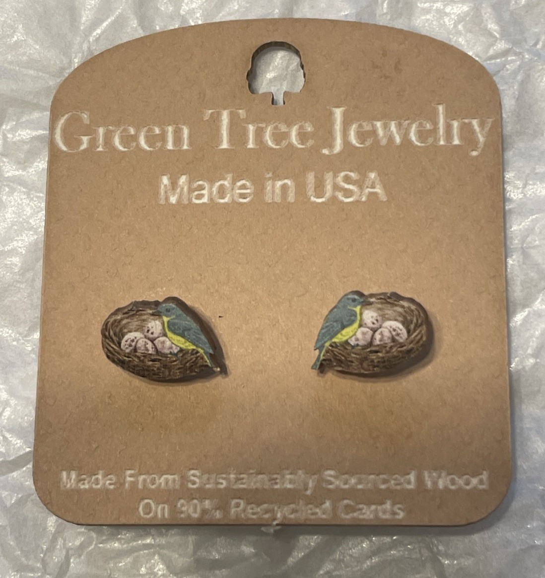 Green Tree Jewelry Bird in Nest Wood Earrings Egg Studs Made in USA Gift Boxed