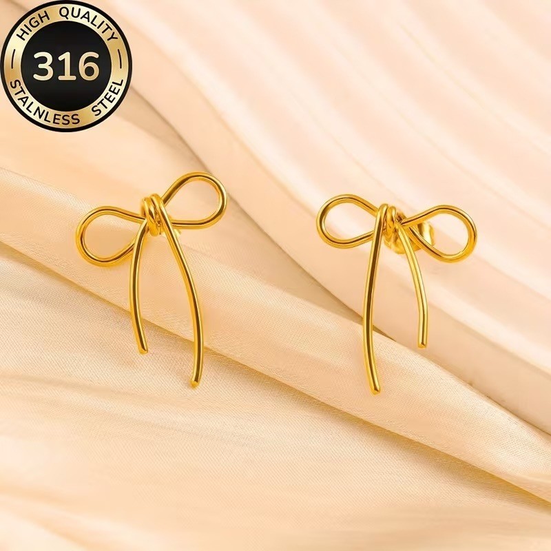 Gold Bow Stud Earrings 316L Stainless Steel Dainty Ribbon Studs Women Jewelry