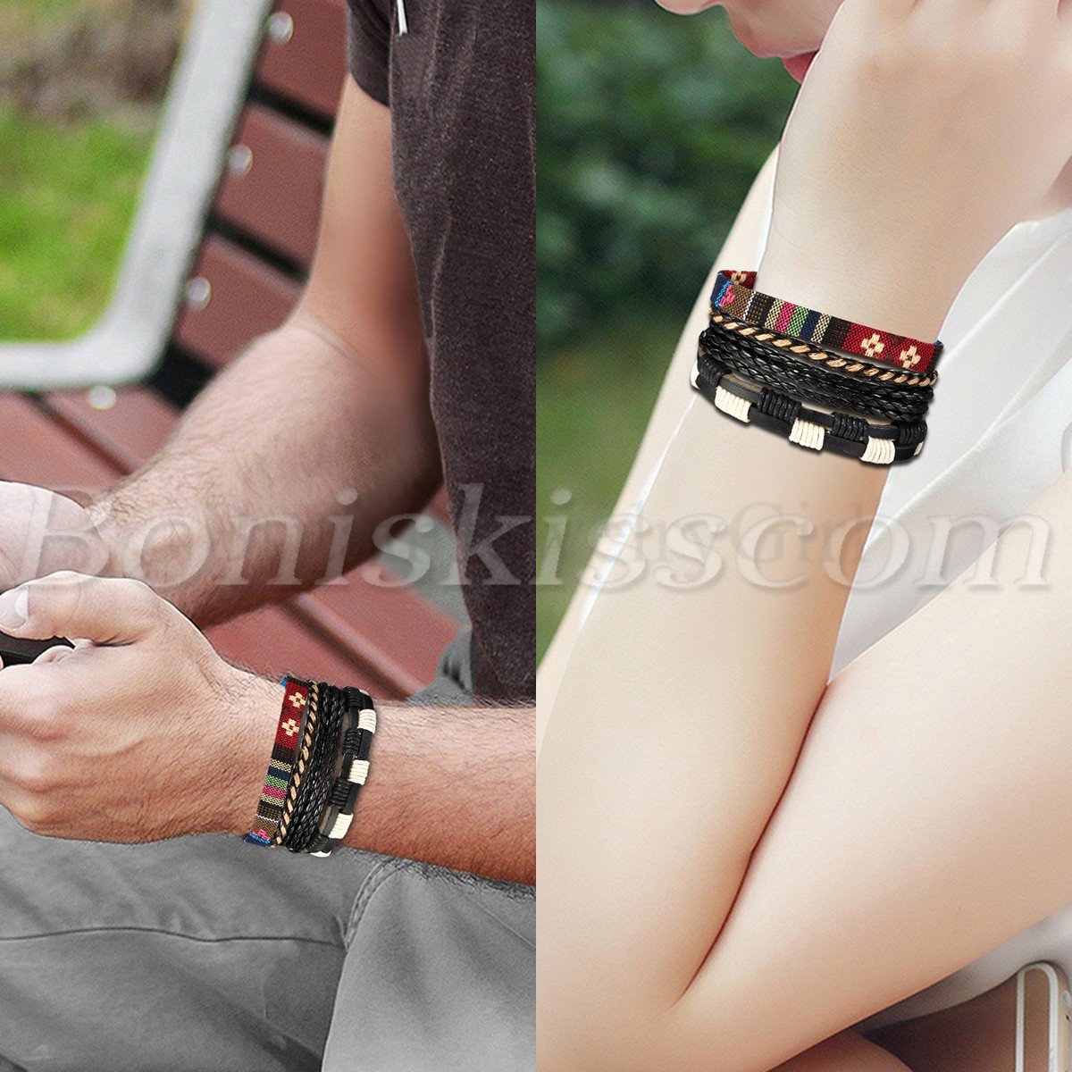 4pcs Fashion Handmade Retro Multilayer Leather Bracelet Cuff Wrap Set Adjustable
