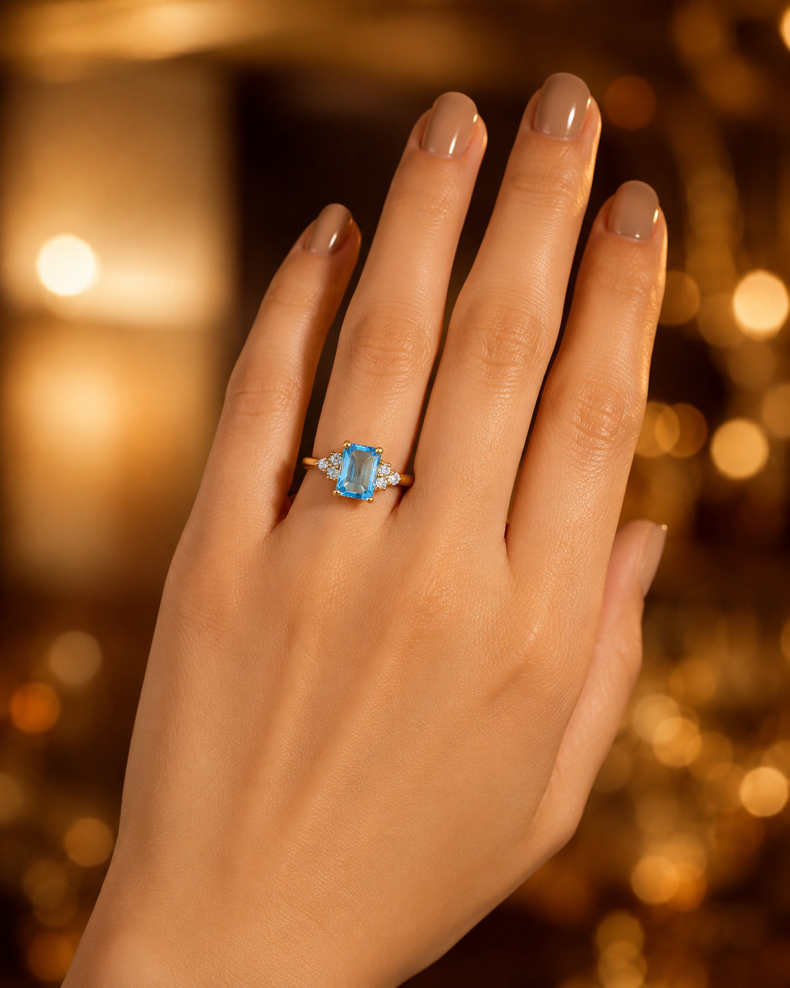 Lab Created Aquamarine Ring, Base Metal: Brass Finish: Gold Plated, Gift For Her