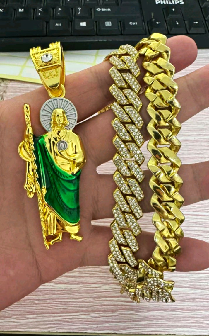Gold Tone Cuban Link Chain Necklace Rhinestone Pavé Religious Charm, Green