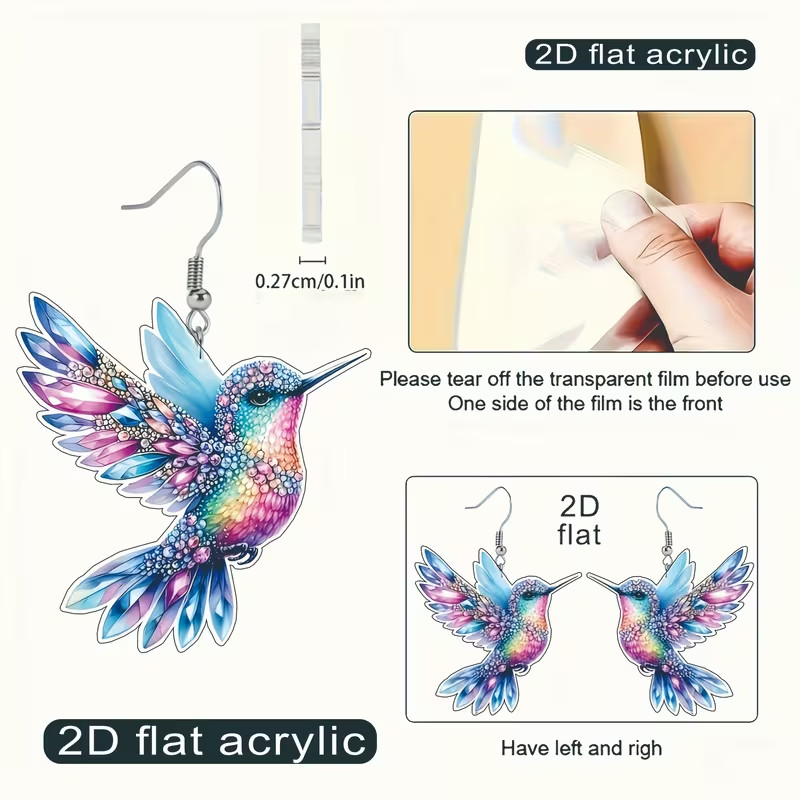 1 Pair, Charming and Cute Colorful Hummingbird Acrylic Earrings