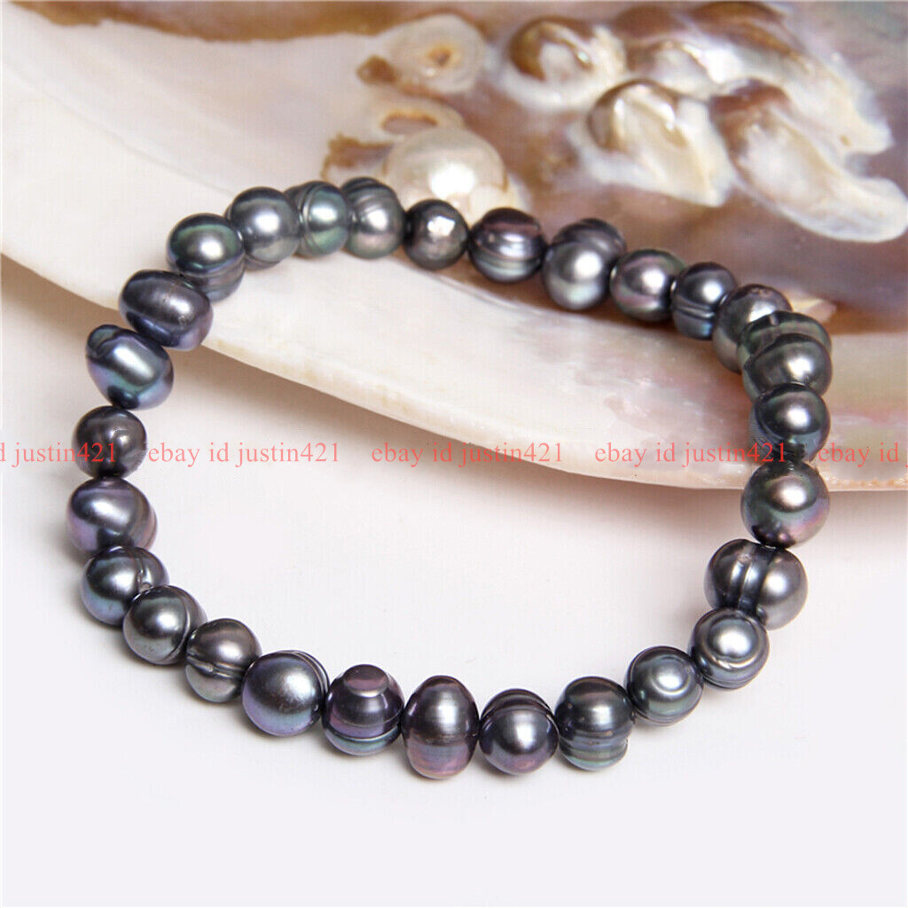 6-7mm Genuine Natural Black South Sea Freshwater Cultured Pearl Bracelet 7-9″