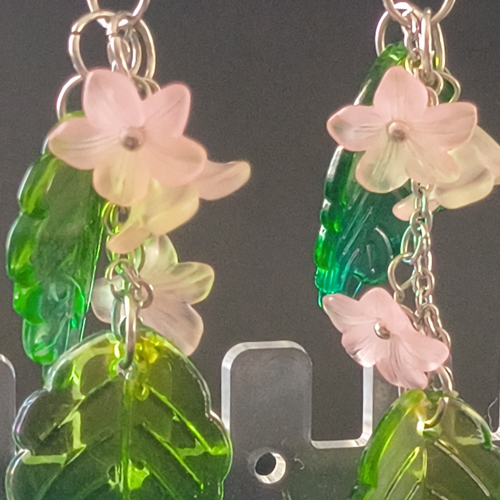 Green Leaf & Pink Flower Dangle/Drop Hook Earrings, Plastic/Metal, No Stone
