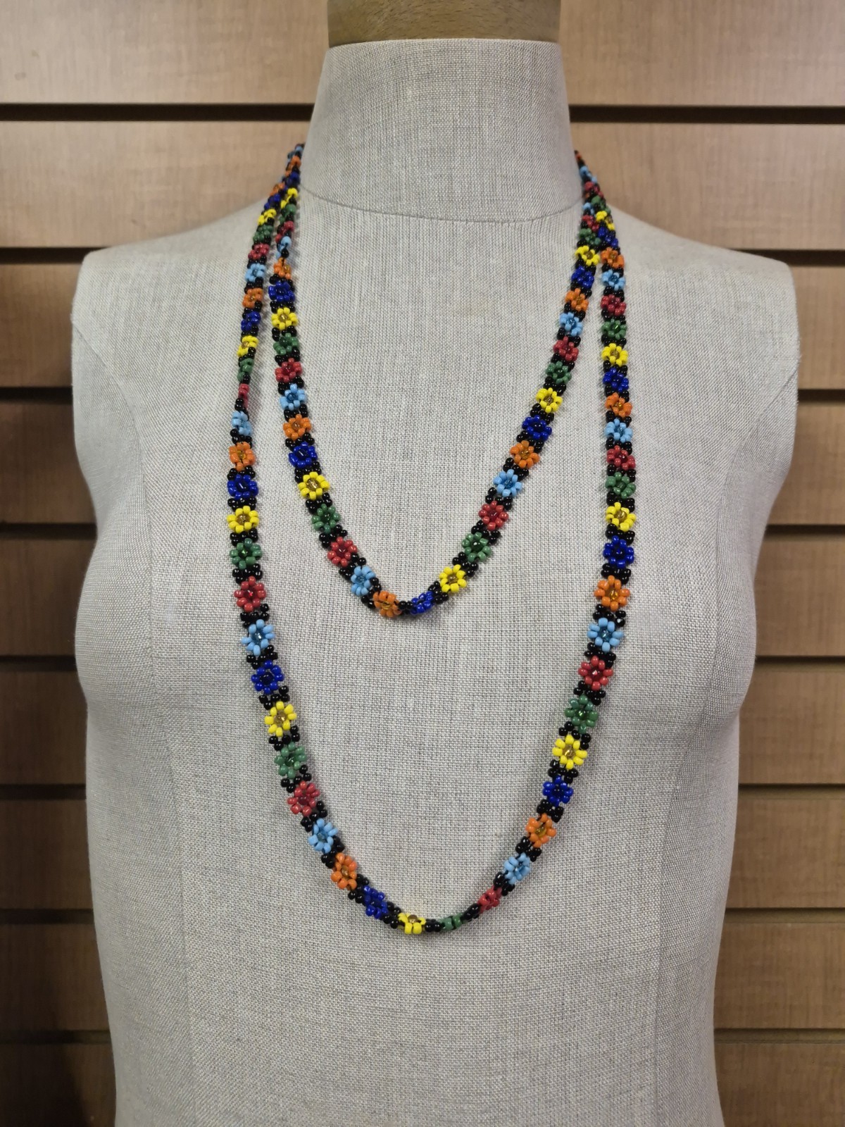 Long Beaded Necklace Rainbow Floral Pattern Layered Boho Festival Jewelry