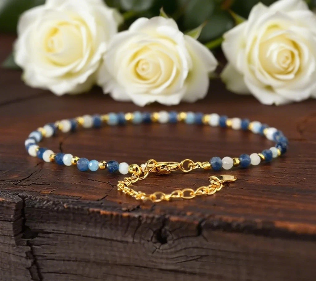 Aquamarine Sapphire 3mm Faceted Bead Minimalist Crystal Gemstone Dainty Bracelet
