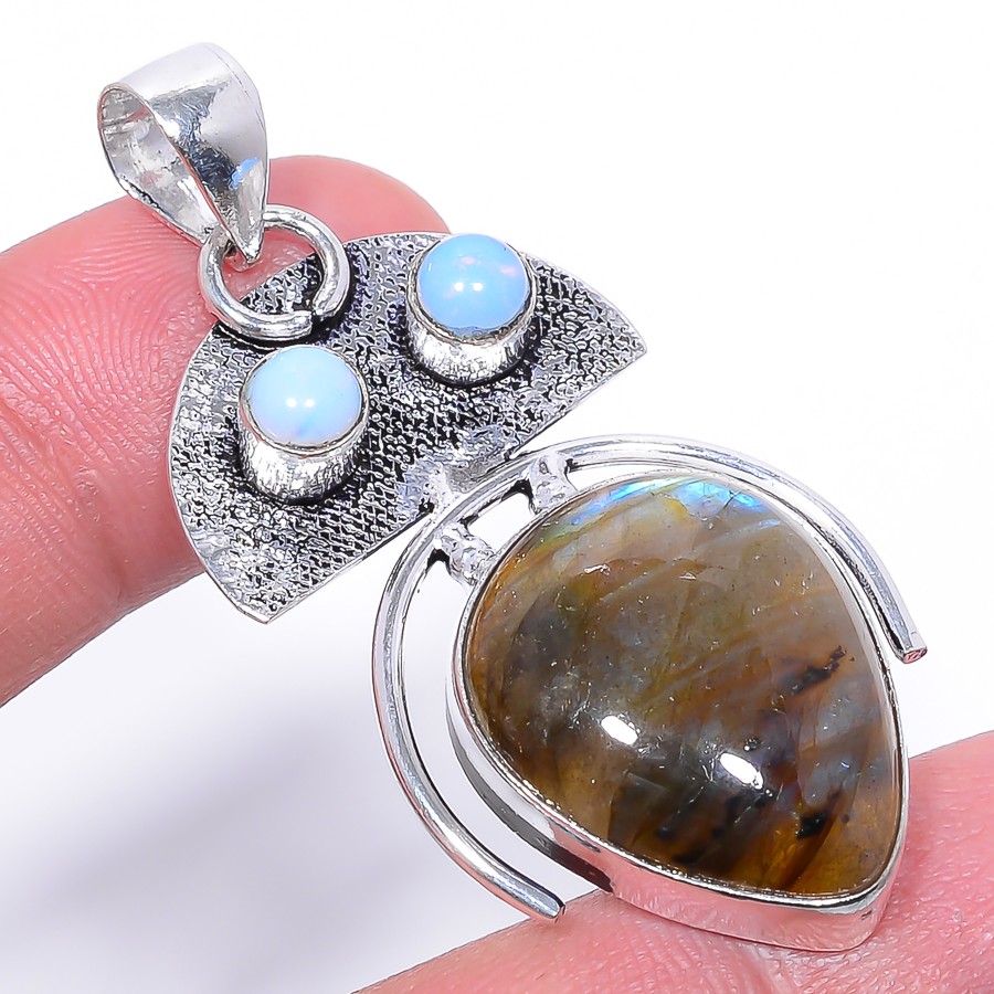 Natural Labradorite & Milky Opal Gemstone 925 Silver Plated Pendant 2.26″ S260