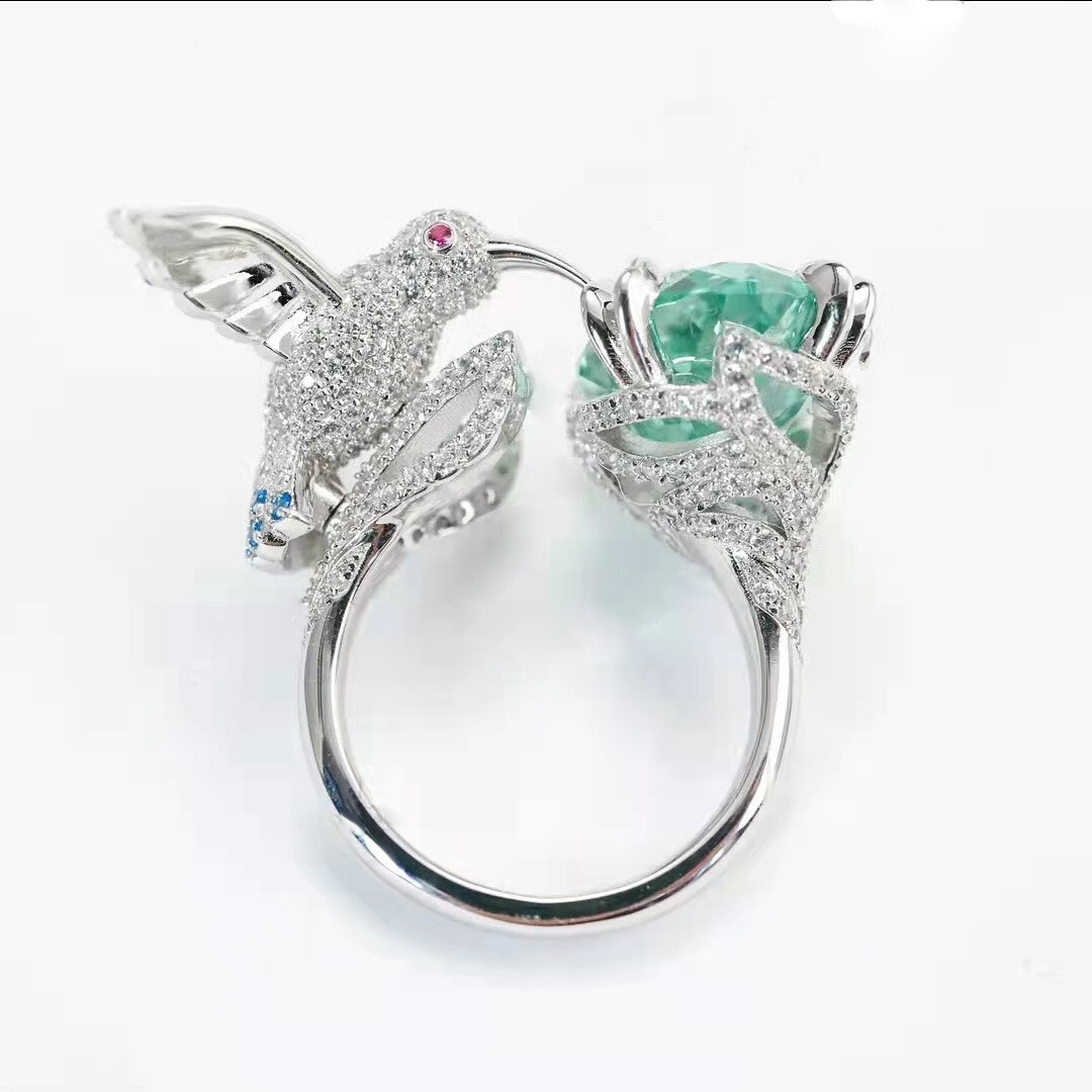New Hummingbird Oval Paraiba Green Citrine Gemstone Women Girl Charm Silver Ring