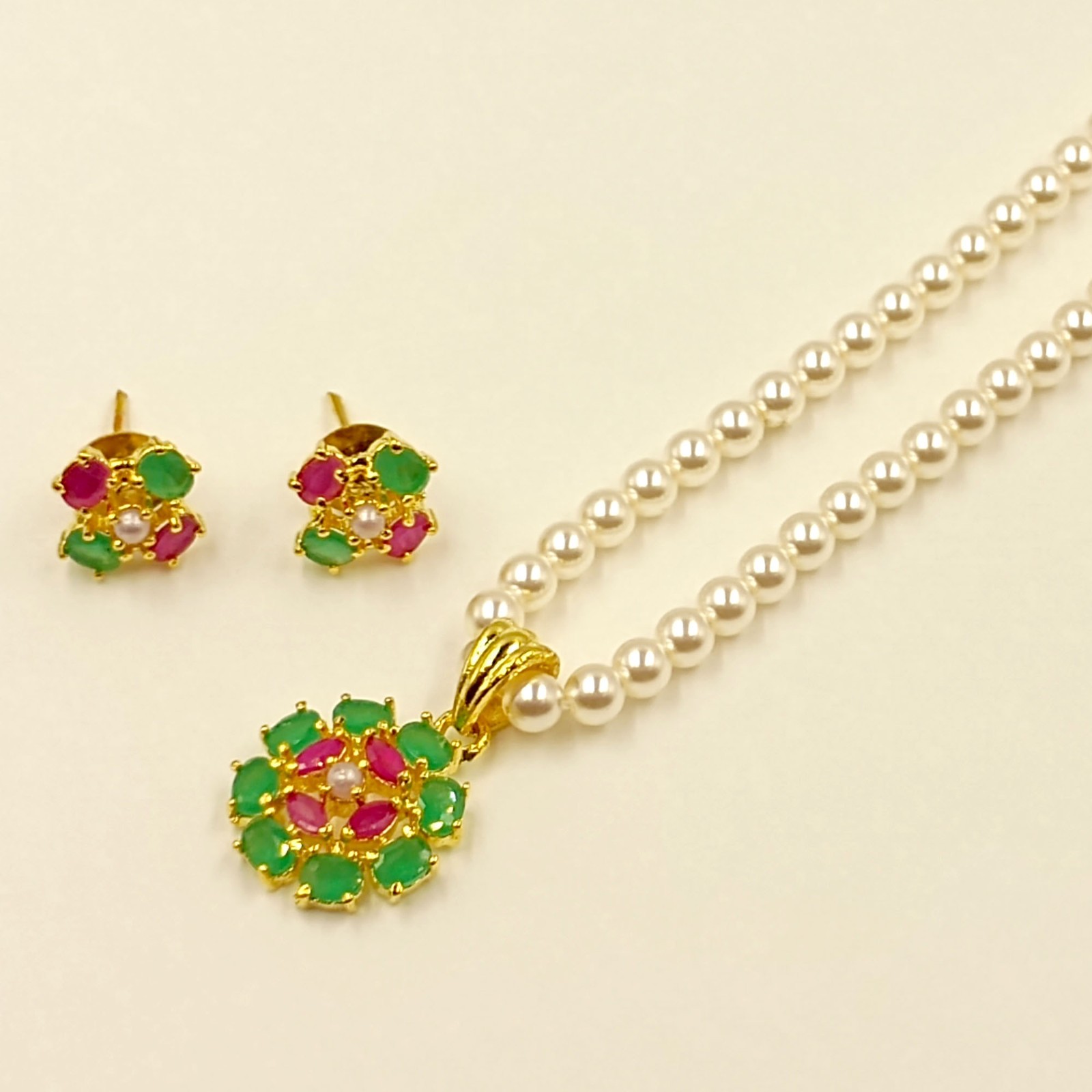 Ruby Emerald Pearl Pendant Set, 22k Gold Plated Traditional Indian Wedding Jewel