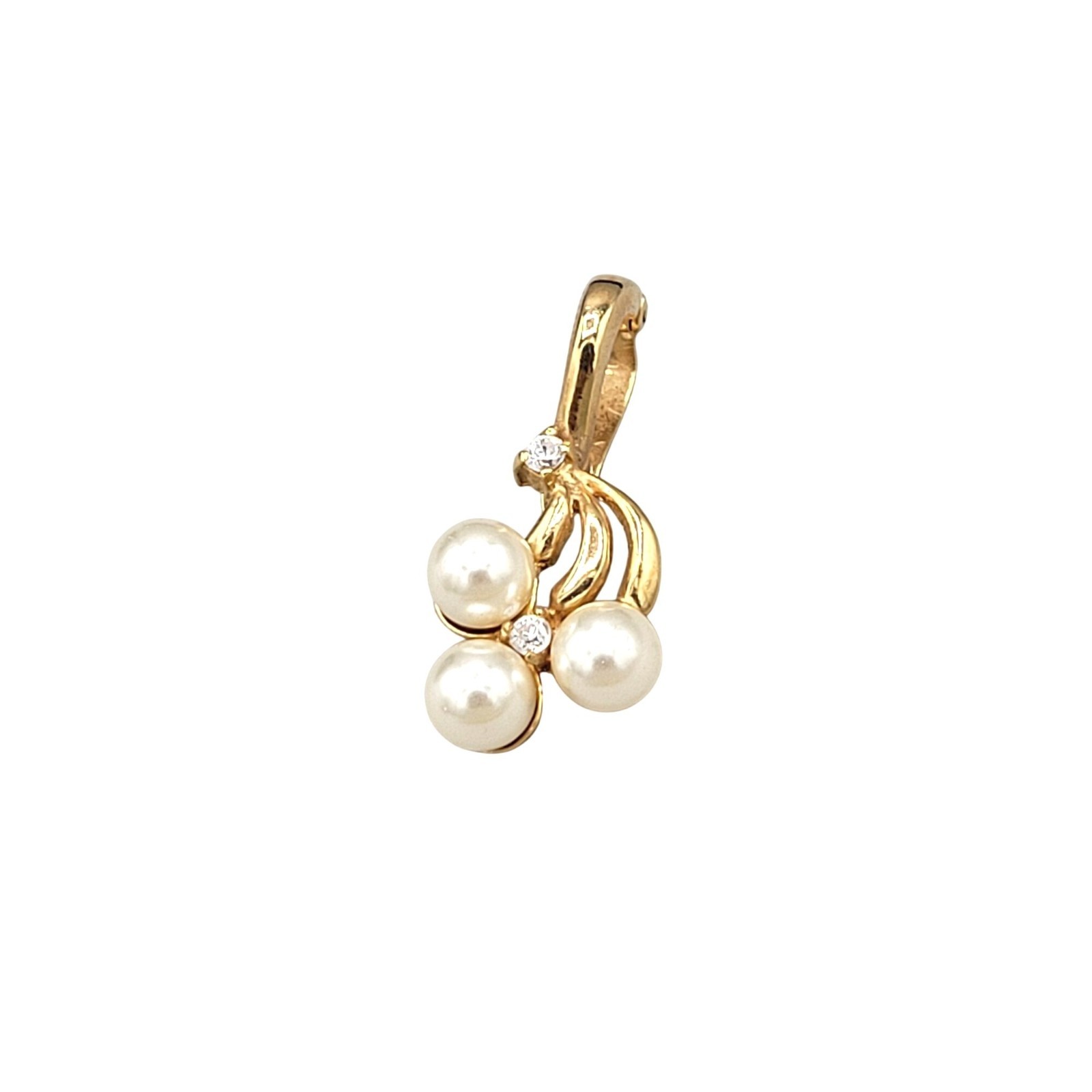 Imitation White Pearl Pendant With Crystal Accents Gold Tone Metal 1″ Length