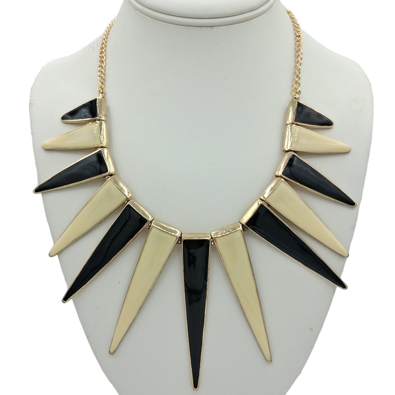Black Ivory Enamel Spike Statement Necklace Gold Tone Geometric 18 Inch