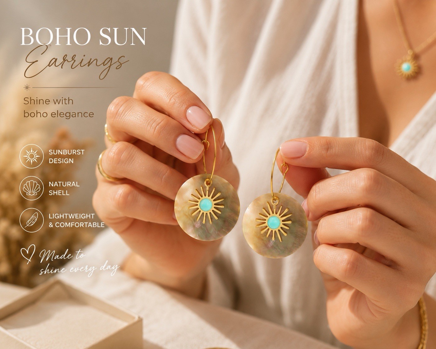 Boho Sunburst Shell Lightweight Gold Dangle Drop Hook Earrings, Round