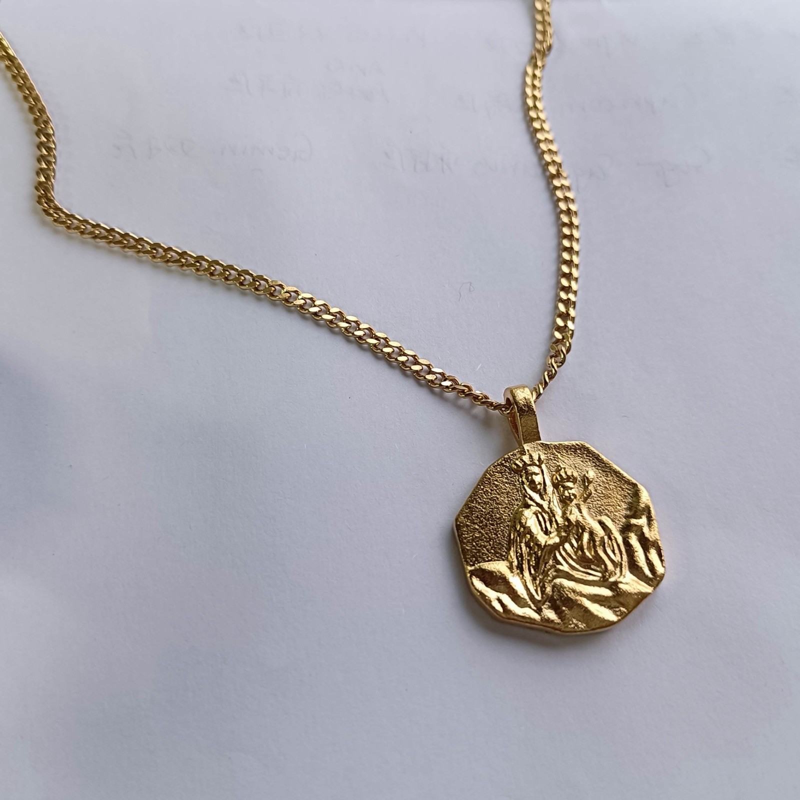 Gold Tone Religious Pendant Chain Necklace Round Textured Metal Yeezy Season