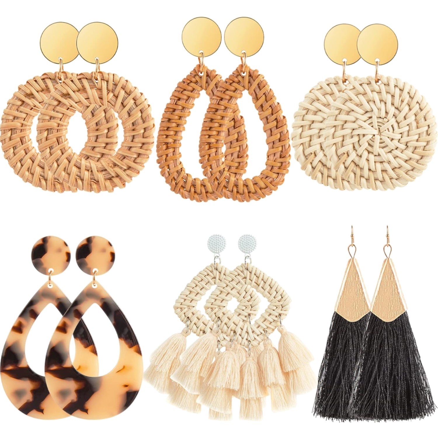 Summer Earrings Lightweight Rattan Geometric Hoop Dangle Drop