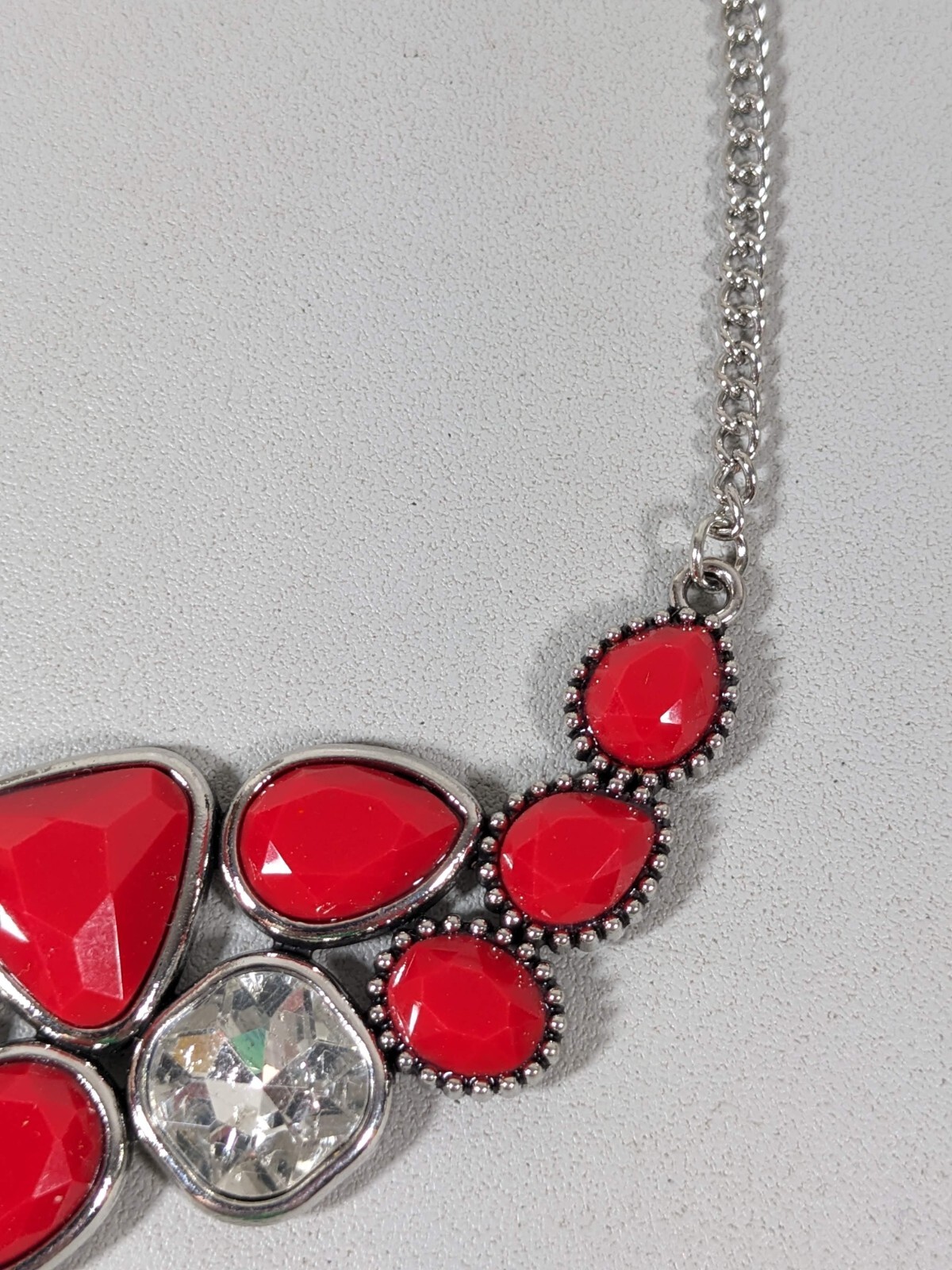 Silver Tone Red Acrylic Cabochon Triangle Square Statement Necklace 20.5 in