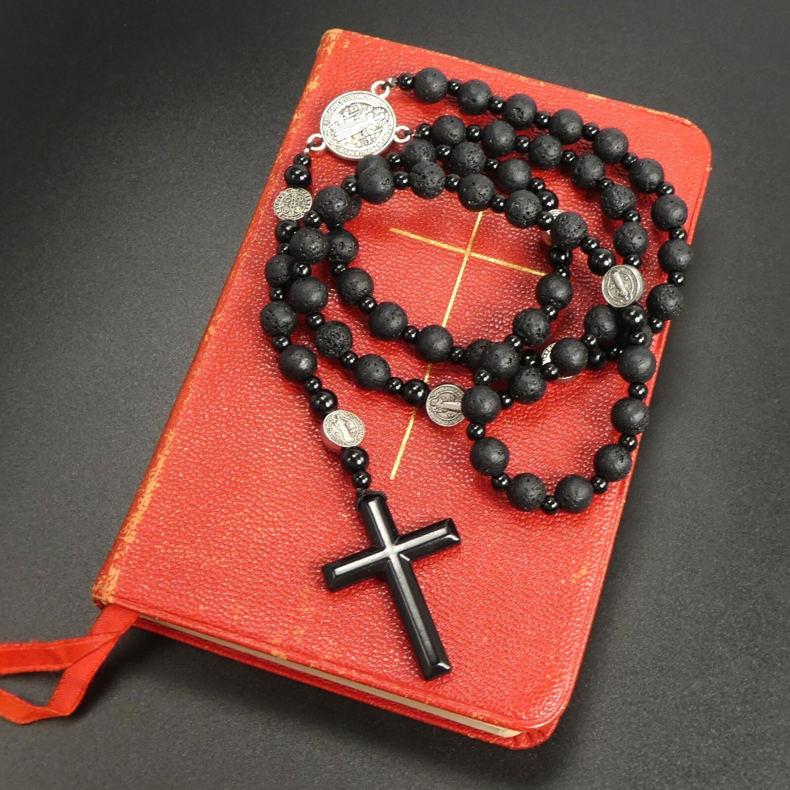 ForSt Benedict Black Obsidian Onyx Hematite Black Cross Rosary Necklace Men Gift