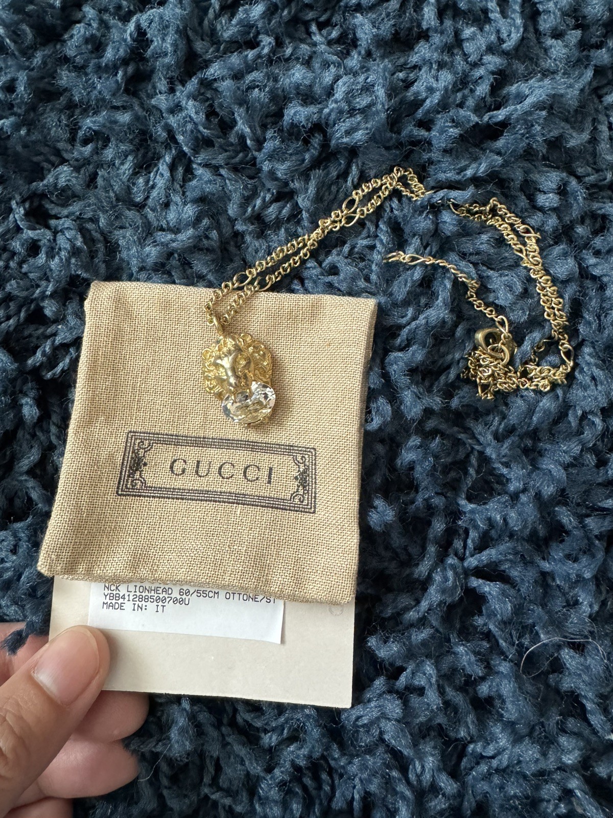 Gucci Lion Head Crystal Pendant Necklace Gold Plated 23.6in Chain Unisex