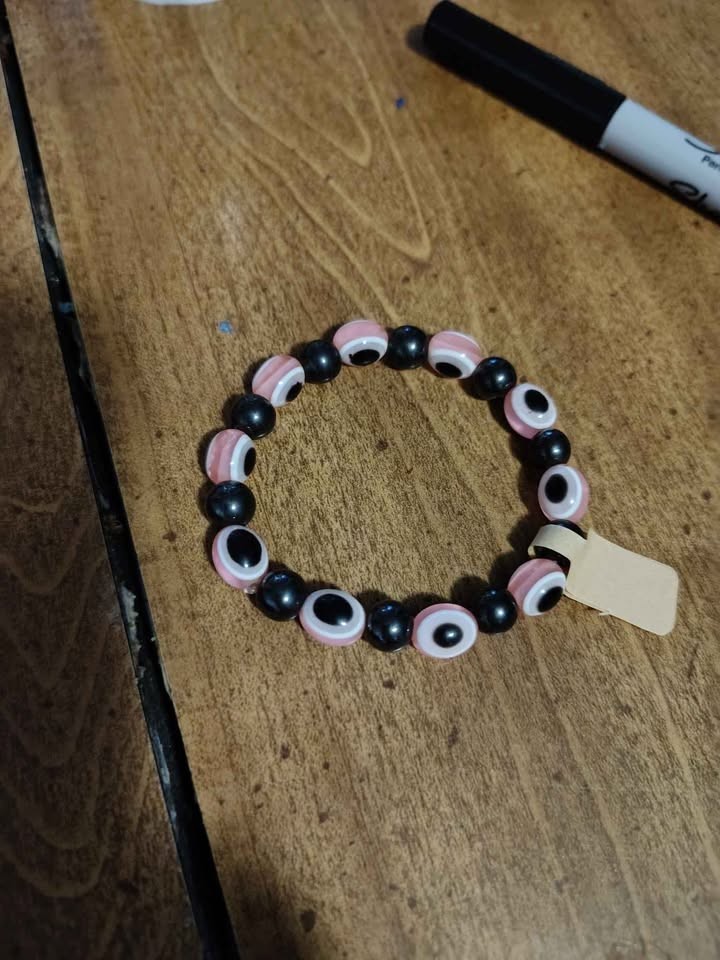 Evil Eye Luck Charm: Pink Black & White Glass Beaded Adjustable Bracelet