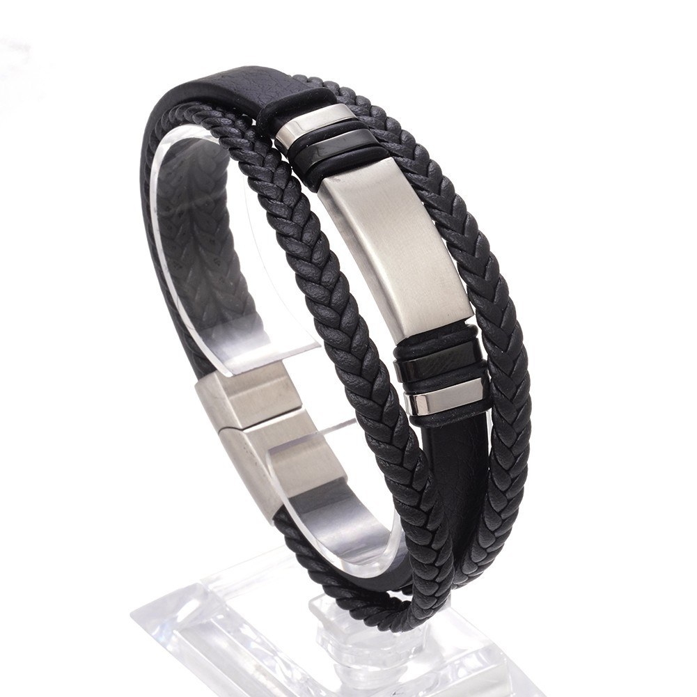 Men Multi Layer Braided Leather Bracelet Silver Gold Black Stainless Steel Clasp