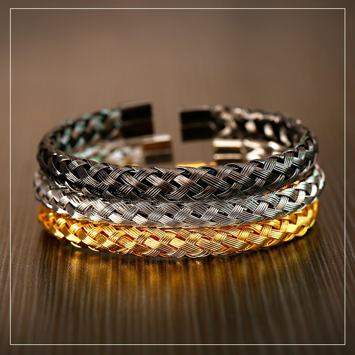 Luxury Stainless Steel Wire Braided Open Cuff Charm Wristband Bangle Bracelets
