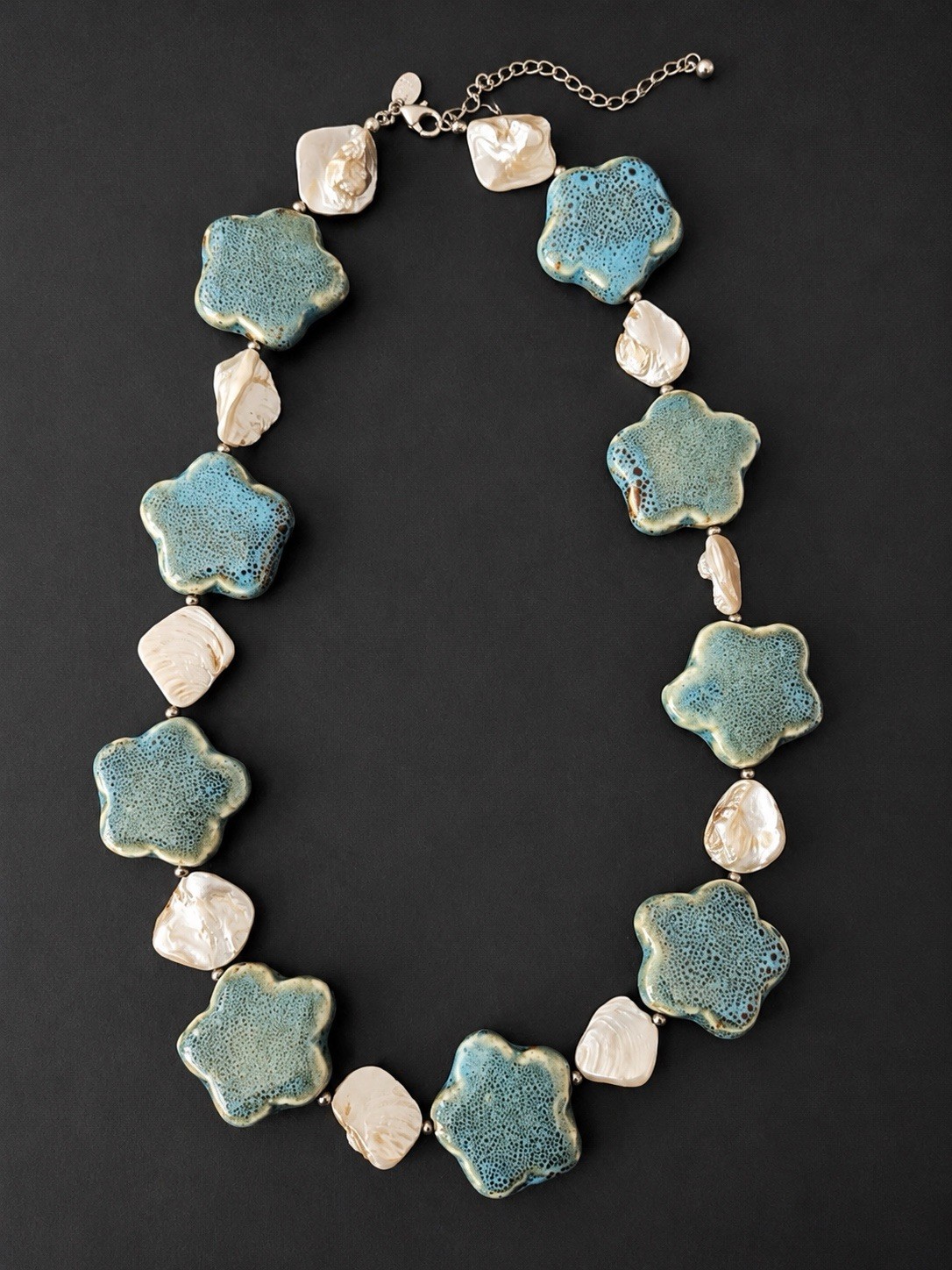 Vintage Donna Dressler Signed 23.5″ Teal Star Necklace – Mother of Pearl 925