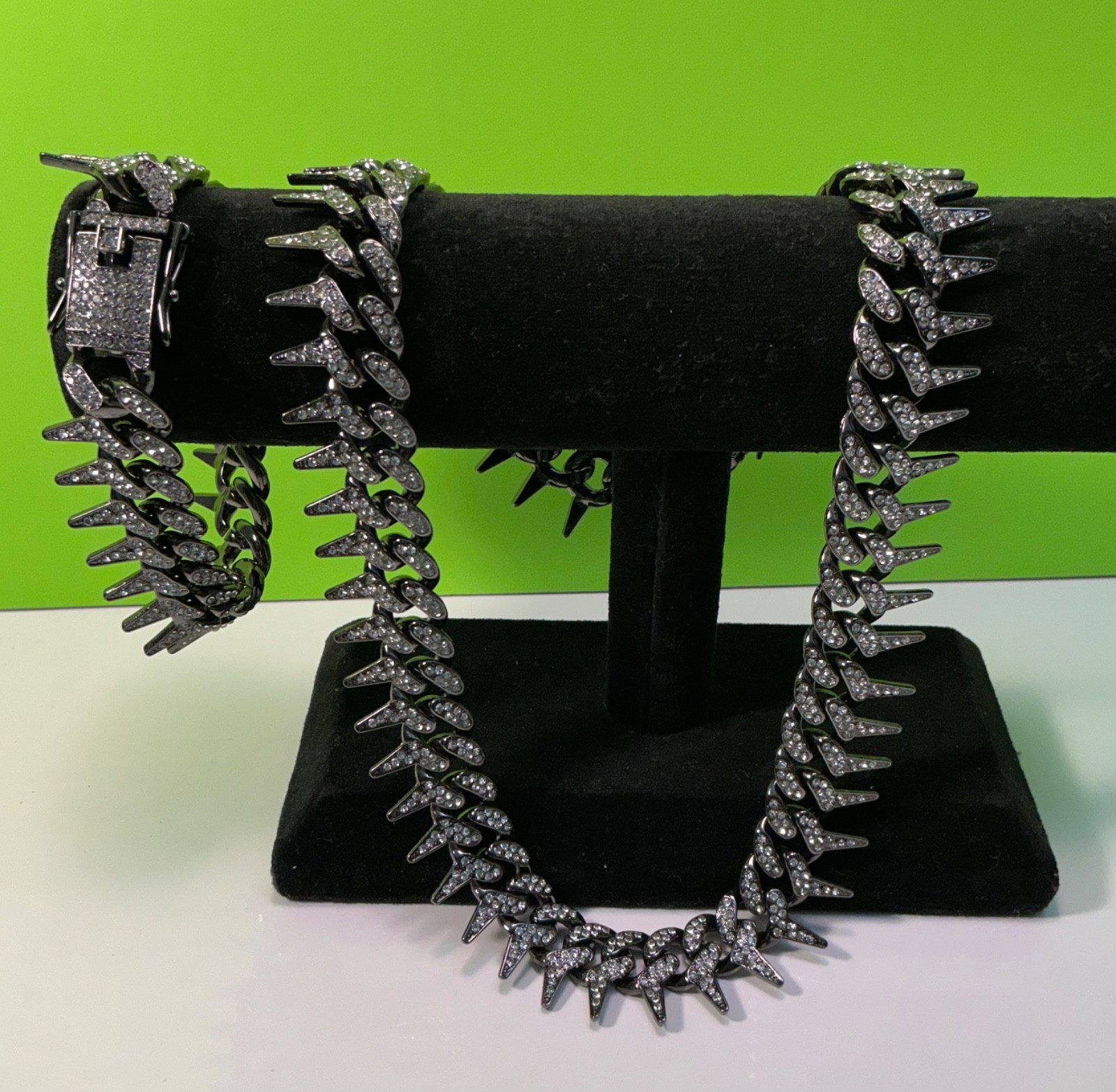 New Black Spike Chain Necklace 20 inches & Bracelet 8 Lot Hip Hop Punk CZ