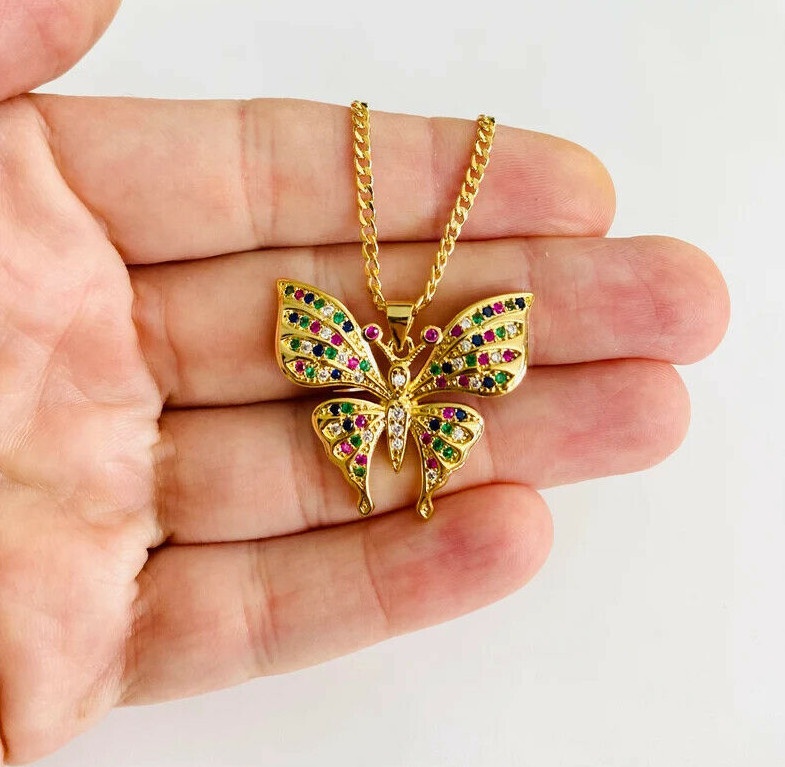 18K GOLD FILLED CZ BUTTERFLY NECKLACE 16″ / CADENA DE MARIPOSA BANO DE ORO- P140
