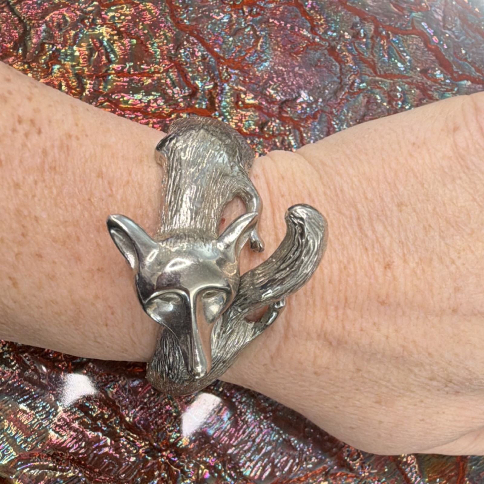 Silver plated Fox Castecliff Bangle Bracelet Hinged 2.5 in.
