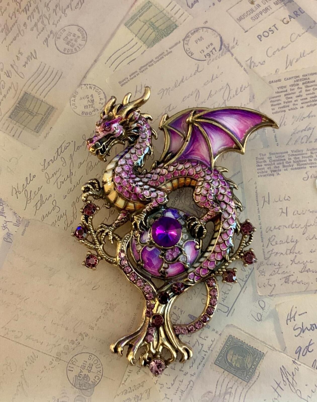 Ornate Fantasy Dragon Brooch With Crystal Orb Mythical Statement Pin