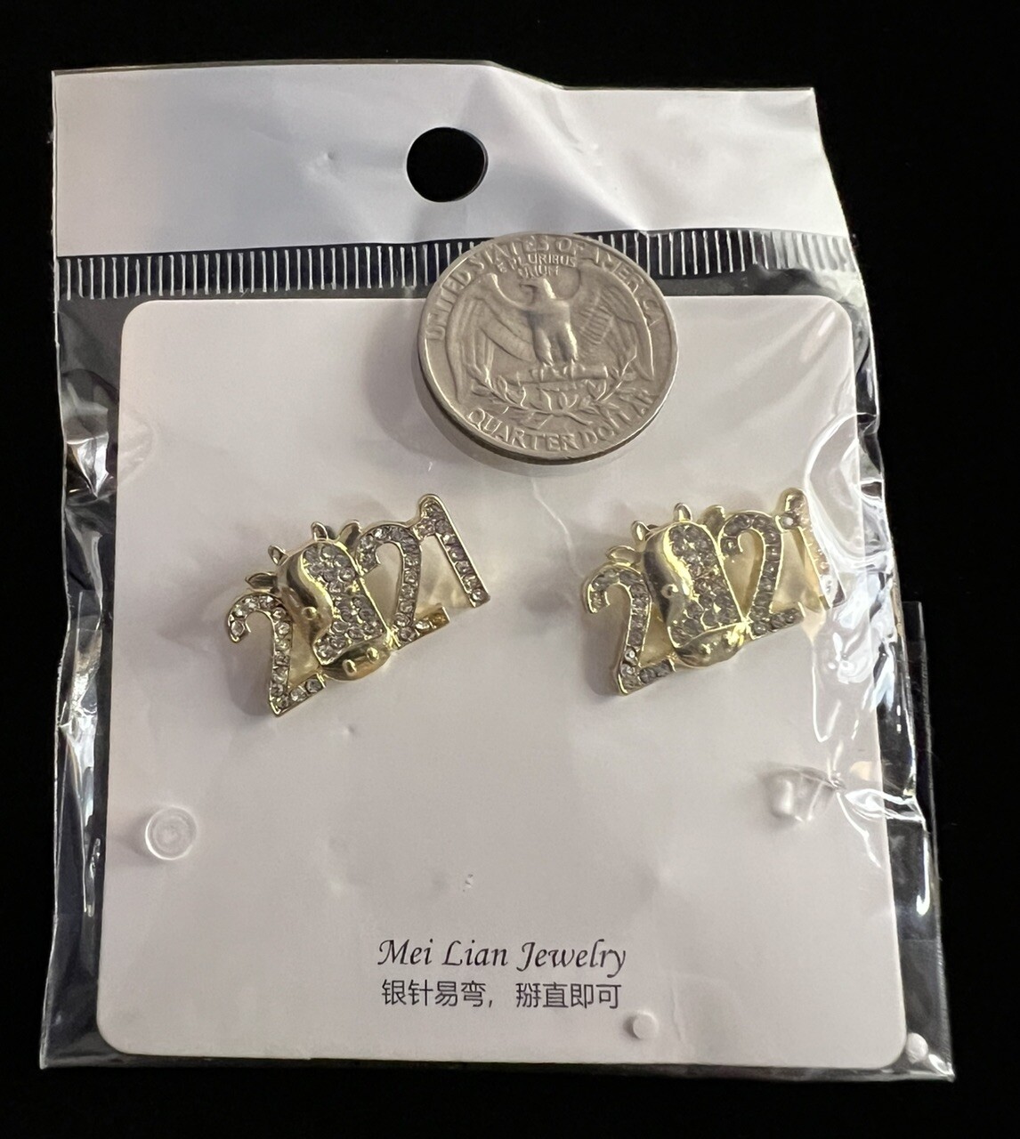 Goldtone 2021 w/Cow As ‘Zero’ Rhinestone Encrusted Studded Earrings