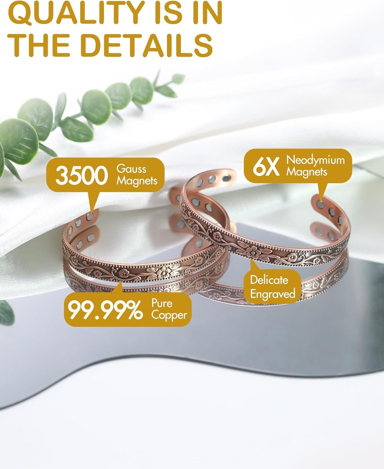 Feraco Women Bracelet Pure Copper Cuff Bangle Magnetic Pain Relief Bracelet