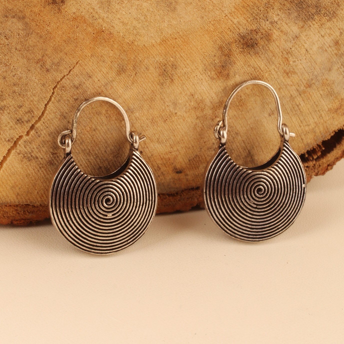 Silver Plated Spiral Disc Hoop Earrings for Women, Handmade Boho Round Earring