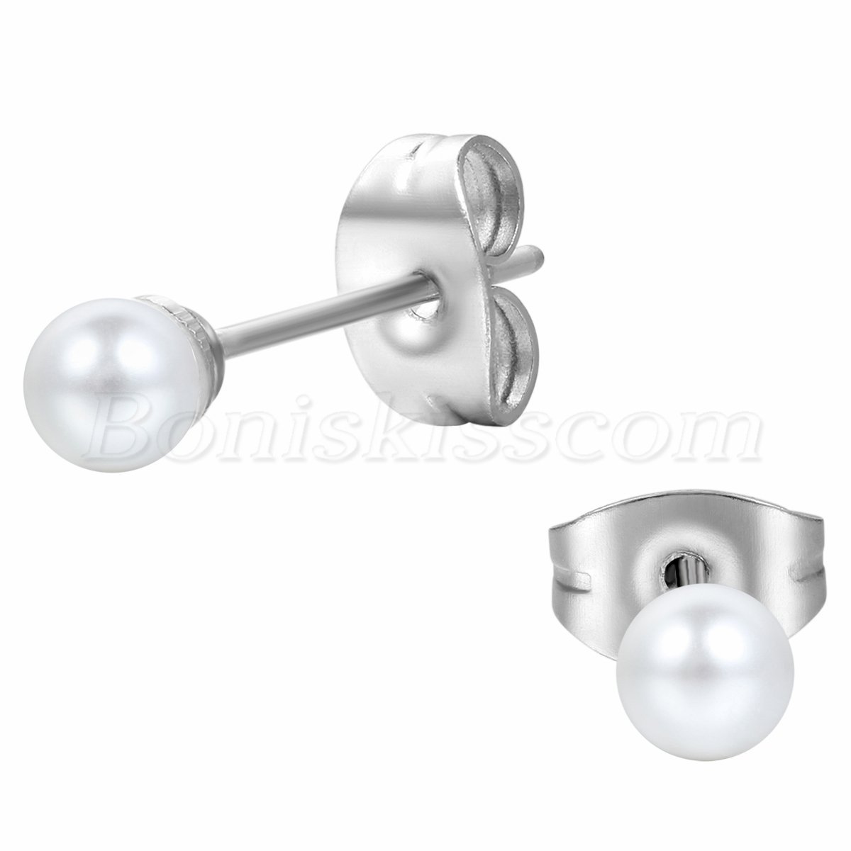 Women Ladies Stainless Steel Imitation Pearl Round Ball Ear Studs Charm Earrings