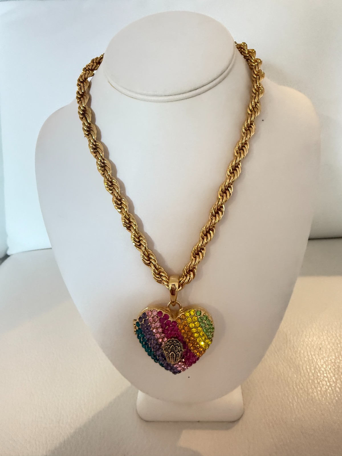 NWT KURT GEIGER LONDON XL CRYSTAL HEART LOCKET NECKLACE & EARRINGS W DUST BAG