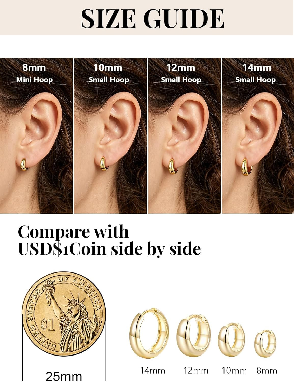 14K Gold Plated Chunky Hoop Earrings for Women, Small Thick Huggie Hoops with 92