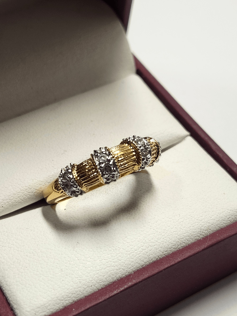 Gold & Silver Tone Textured Band Ring with Crystal Accents Size 9
